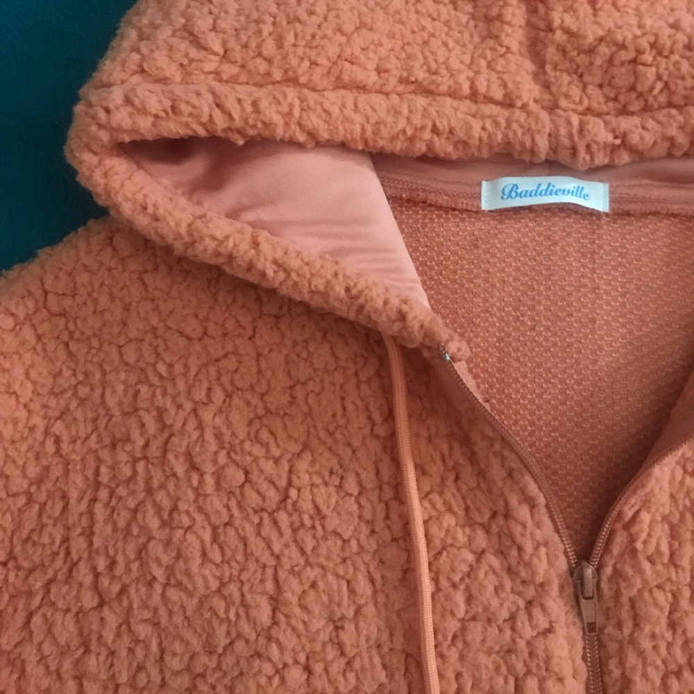 Baddieville Orange Y2K Soft Oversized Sherpa Hoodie Hooded Jacket Coat Dress - Picture 4 of 4